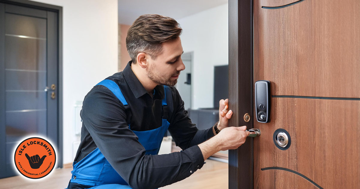 locksmith technician installing smart lock on door