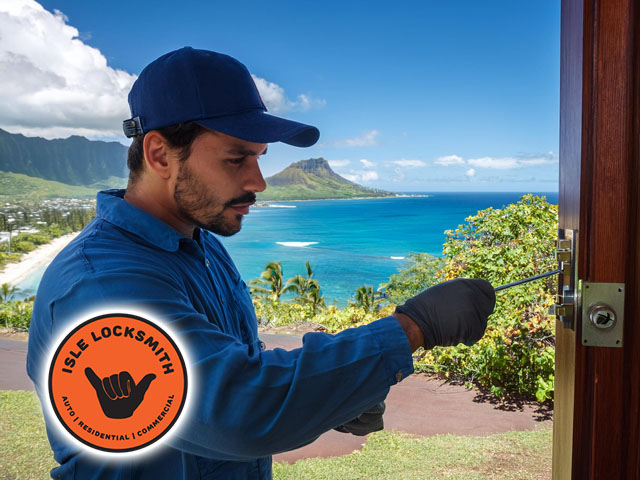 trusted local locksmith male technician professional locksmith working performing expert service to door with oahu hawaii view in background