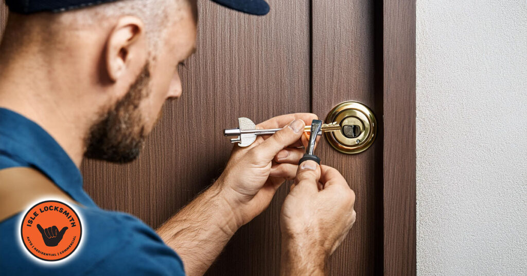 technician locksmith professional removing broken key from lock in door